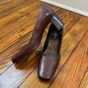Vintage Brown Leather Square Toe Pumps Block Heel 6.5, Nickels Y2K